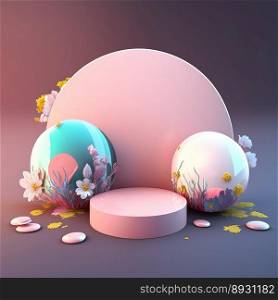 Glossy 3D Podium with Eggs and Flowers for Easter Product Display