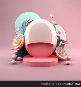 Glossy 3D Podium with Eggs and Flowers for Easter Product Presentation