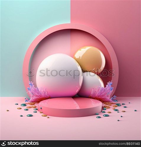 Glossy 3D Podium with Eggs and Flowers for Easter Product Showcase