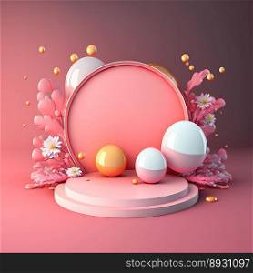 Glossy 3D Podium with Eggs and Flowers Ornament for Easter Celebration Product Presentation