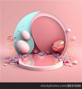 Glossy 3D Podium with Eggs and Flowers Ornament for Easter Celebration Product Showcase