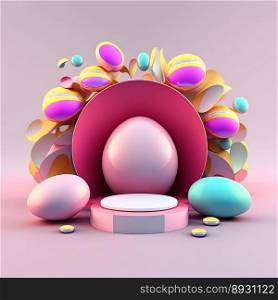 Glossy 3D Podium with Eggs and Flowers Ornament for Easter Day Product Showcase