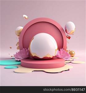 Glossy 3D Stage with Eggs and Flowers Decoration for Easter Day Product Presentation