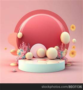 Glossy 3D Stage with Eggs and Flowers Decoration for Easter Day Product Showcase