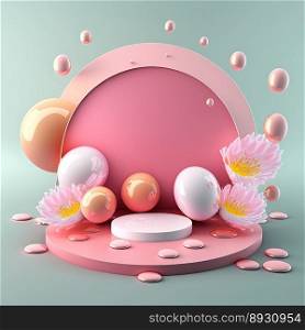 Glossy 3D Stage with Eggs and Flowers for Easter Celebration Product Presentation