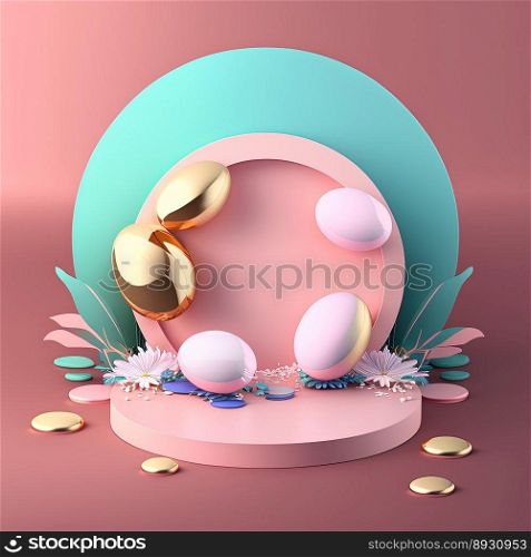 Glossy 3D Stage with Eggs and Flowers for Easter Celebration Product Showcase