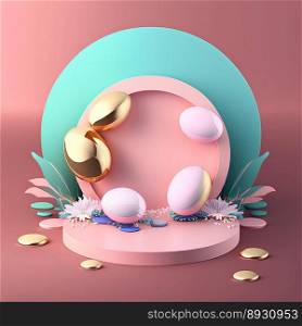 Glossy 3D Stage with Eggs and Flowers for Easter Celebration Product Showcase