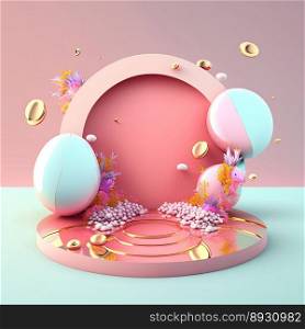 Glossy 3D Stage with Eggs and Flowers for Easter Day Product Display