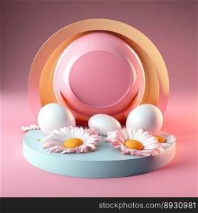 Glossy 3D Stage with Eggs and Flowers for Easter Day Product Presentation