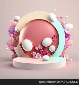 Glossy 3D Stage with Eggs and Flowers for Easter Day Product Showcase
