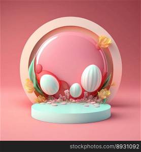 Glossy 3D Stage with Eggs and Flowers Ornament for Easter Celebration Product Display