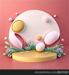 Glossy 3D Stage with Eggs and Flowers Ornament for Easter Celebration Product Presentation