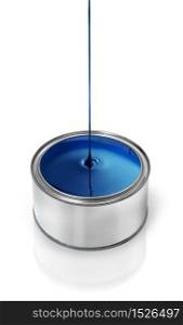 Glossy blue paint dripping in metal tin can. Blue paint dripping in can