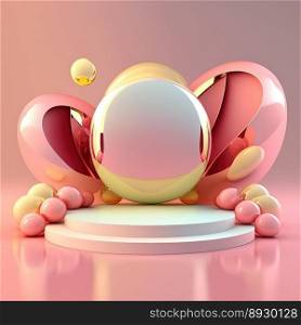 Glossy Easter Round Podium for Product Display with 3D Render Egg Decoration
