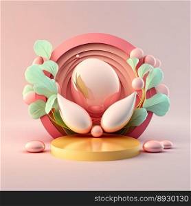 Glossy Easter Round Podium for Product Display with 3D Render Egg Decoration