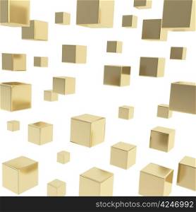 Glossy shiny golden cube composition over white background as abstract backdrop