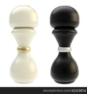 Glossy white salt cellar and black pepper shaker isolated on white background
