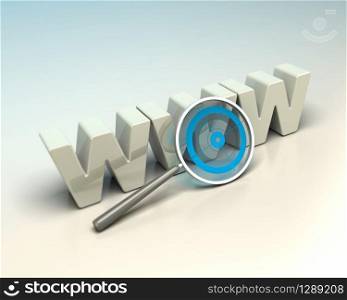 glossy WWW 3D letters written onto a blue and beige background with a magnifier including a blue target. Symbol of search engine optimization. . web search engine, internet seo concept,