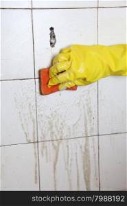 gloved hand cleaning dirty old tiles with sponge in a bathroom
