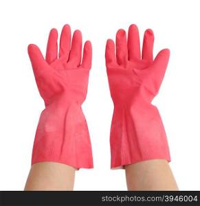 gloves for cleaning with hand on white background (with clipping path)