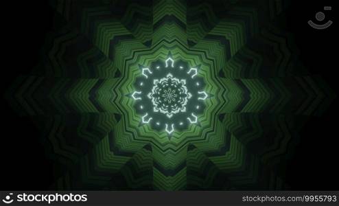 Glowing 3d illustration of abstract green flower shaped tunnel with kaleidoscopic ornament on dark backdrop. Green flower shaped tunnel 3d illustration design