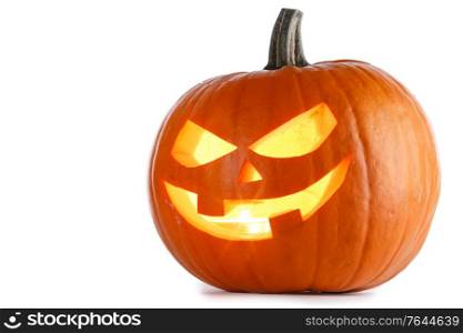 Glowing angry Halloween Pumpkin isolated on white background. Halloween Pumpkin isolated on white