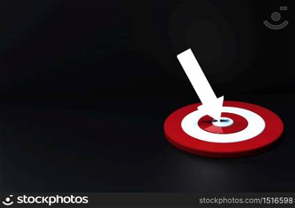 Glowing arrow hit in the target in dark background. Business concept. 3D Illustration.