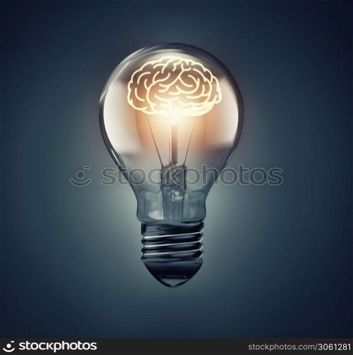 glowing brain inside the bulb, idea concept image