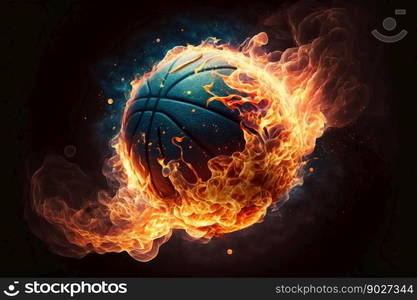 Glowing burning basketball with fire flames. Generative AI. High quality illustration. Glowing burning basketball with fire flames. Generative AI