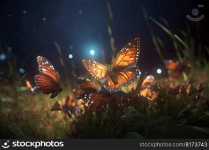 Glowing butterfly field. Summer nature art. Generate Ai. Glowing butterfly field. Summer nature art