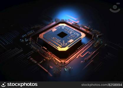 Glowing chip circuit on a dark background created with generative AI technology
