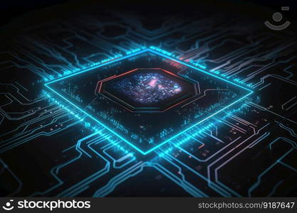 Glowing chip circuit on a dark background created with generative AI technology