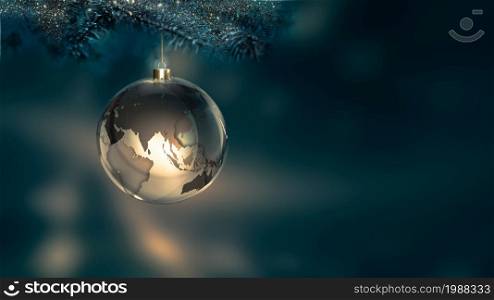 Glowing Christmas Ball with World Map on Dark Background