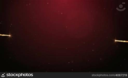 Glowing gold Christmas tree animation with particles lights stars and snowflakes on red. Holiday concept and background
