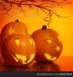 Glowing Halloween pumpkin, warm candle light, autumn holiday background, traditional jack-o-lantern, night party decoration