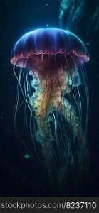 Glowing jellyfish under water. Generative AI. High quality illustration. Glowing jellyfish under water. Generative AI