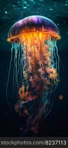 Glowing jellyfish under water. Generative AI. High quality illustration. Glowing jellyfish under water. Generative AI