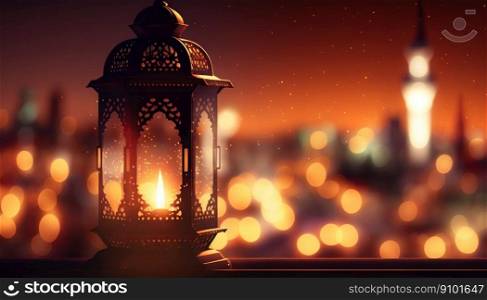 Glowing lantern on background with night arabian city. Ramadan Kareem concept. Generative AI.. Glowing lantern on background with night arabian city. Ramadan Kareem concept. Generative AI
