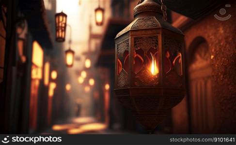 Glowing lantern with arabic street in soft focus on background. Ramadan Kareem concept. Generative AI.. Glowing lantern with arabic street in soft focus on background. Ramadan Kareem concept. Generative AI