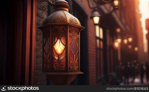 Glowing lantern with arabic street in soft focus on background. Ramadan Kareem concept. Generative AI.. Glowing lantern with arabic street in soft focus on background. Ramadan Kareem concept. Generative AI