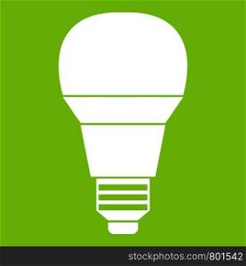Glowing LED bulb icon white isolated on green background. Vector illustration. Glowing LED bulb icon green