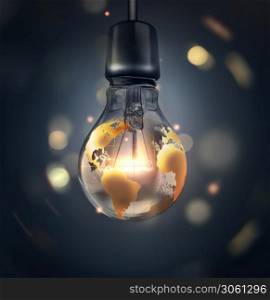 glowing light bulb with a world map on a dark background - a conceptual 3d image