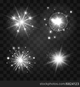 Glowing light sparkles set on transparent background. Vector illustration