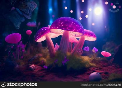 Glowing mushrooms in the night forest.  Generative AI
