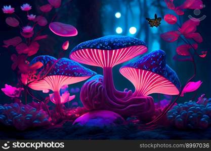 Glowing mushrooms in the night forest.  Generative AI 