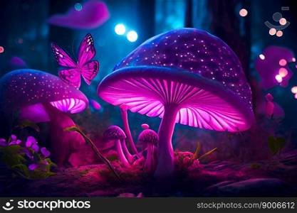 Glowing mushrooms in the night forest.  Generative AI 