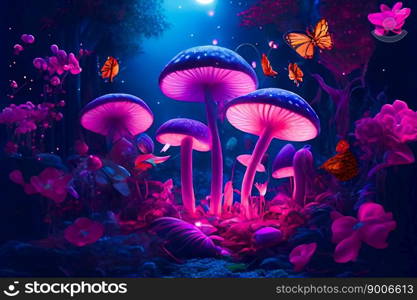Glowing mushrooms in the night forest.  Generative AI
