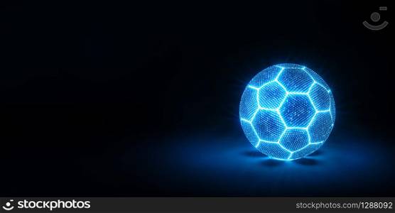 Glowing neon football or soccer ball with blue seams and blue cells floating in the dark on black background