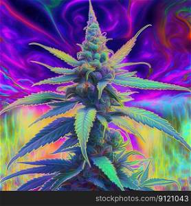 Glowing psychedelic cannabis cone and leaves. Colorful neon magic marijuana concept. Generative AI. Not based on any actual scene. Psychedelic cannabis leaf. Generative AI. Not based on any actual scene or pattern