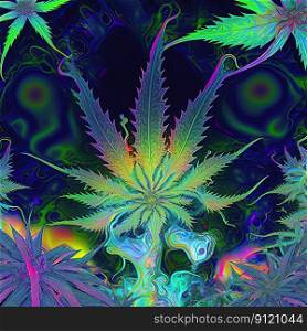 Glowing psychedelic cannabis leaf. Colorful neon magic marijuana concept. Generative AI. Not based on any actual scene. Psychedelic cannabis leaf. Generative AI. Not based on any actual scene or pattern